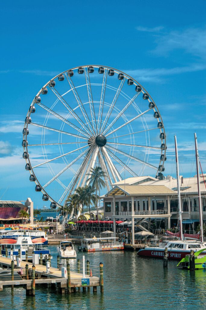 A stunning view of Miami's marina with a prominent ferris wheel and clear blue skies.